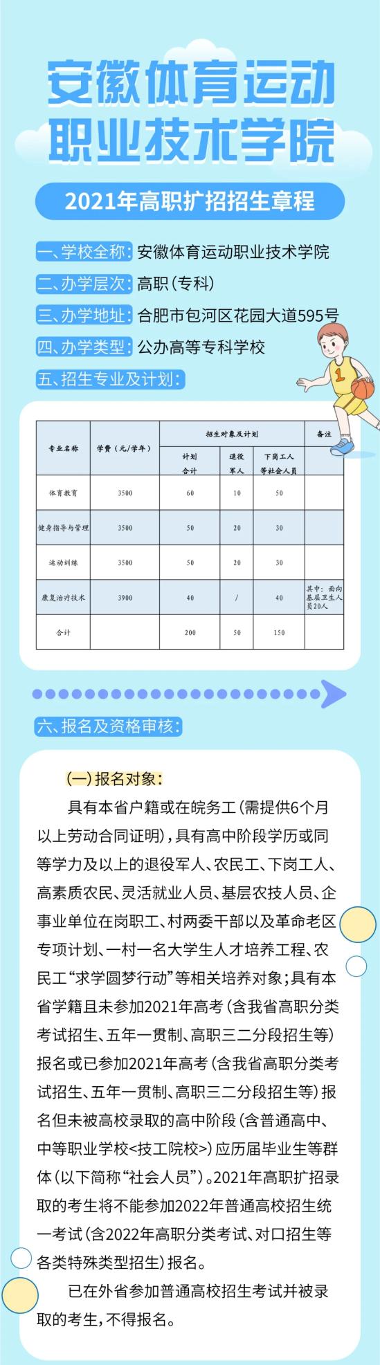 2021年安徽體育運動職業(yè)技術學院高職擴招招生章程