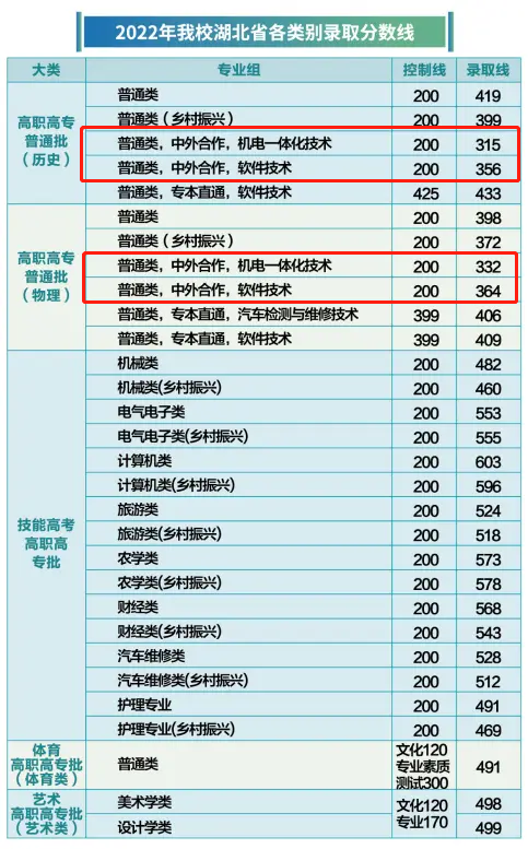 2022武汉软件工程职业学院中外合作办学分数线（含2021年）