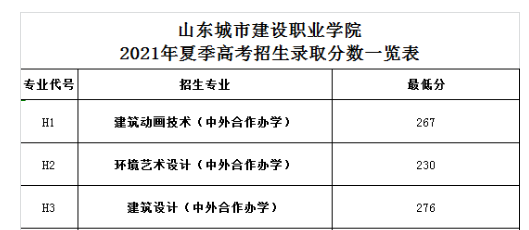 2023山東城市建設職業(yè)學院中外合作辦學分數線（含2021-2022年）