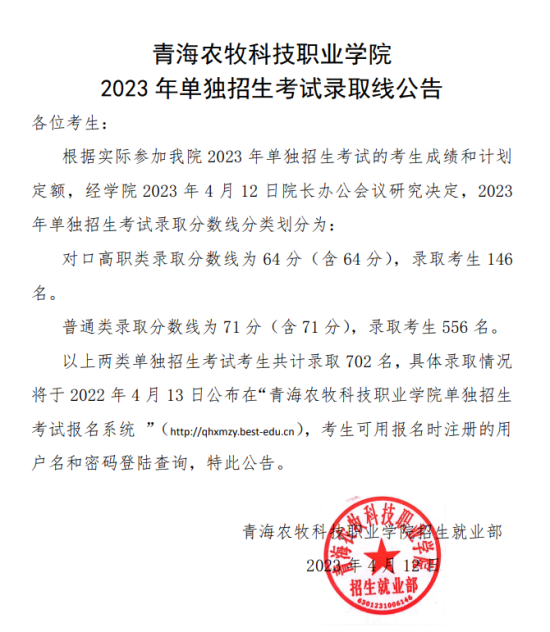 2023青海農牧科技職業(yè)學院單招錄取分數(shù)線（含2021年）