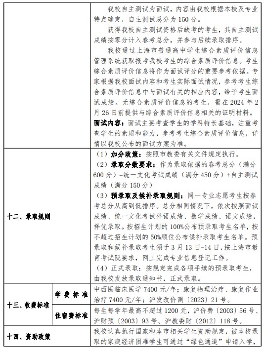 2024上海中医药大学春季高考招生简章 招生专业及计划