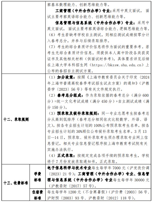 2024上海大学春季高考招生简章 招生专业及计划