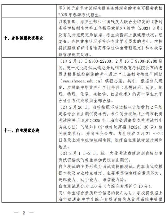 2025上海電機(jī)學(xué)院春季高考招生簡章 招生專業(yè)及計(jì)劃