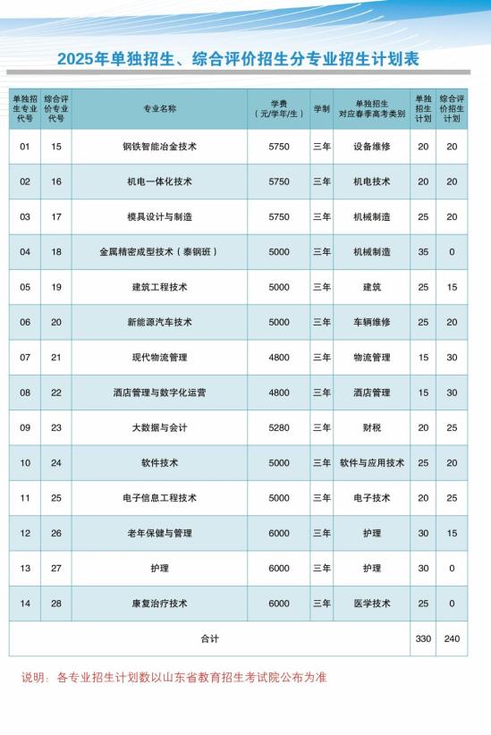 萊蕪職業(yè)技術(shù)學(xué)院2025單獨(dú)招生綜合評價招生計(jì)劃表